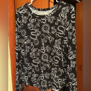 Black 3XL Long Sleeve Ribbed Shirt Sun Moon Flowers Snakes